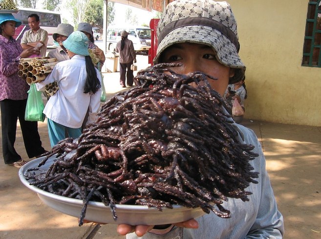 Kamboçya'da öğle atıştırmalığı olarak örümcek yemek
