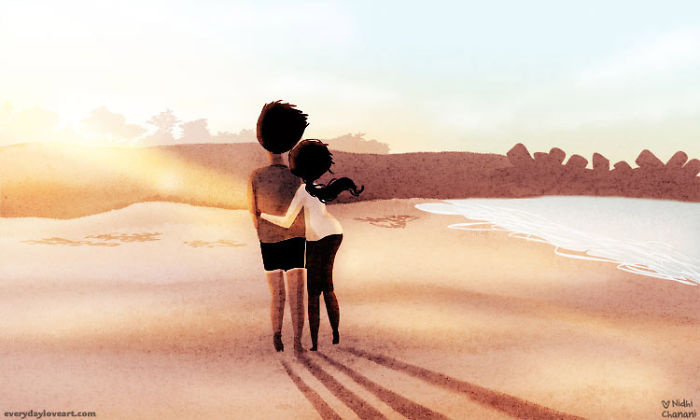 Illustration of couple walking along the beach