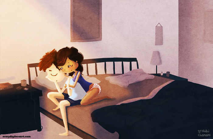 Illustration of couple cuddling in bed