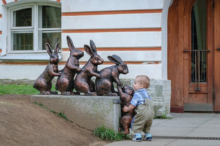 tavşanların tırmanmasına yardım eden çocuk