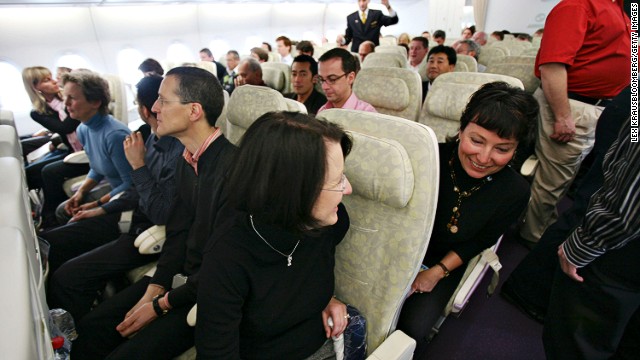 Passengers take seat in the A 380 at his first flight from Frankfurt to New York in Frankfurt, Germany, Monday, March 19, 2007. Photographer: Alex Kraus/Bloomberg News